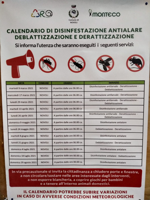 Calendario di disinfestazione antialare, deblattizzazione e derattizzazione