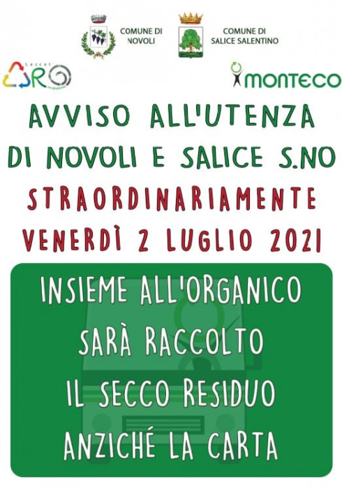 AVVISO ALLA CITTADINANZA - VENERD&Igrave; 2 LUGLIO: RITIRO DEL SECCO