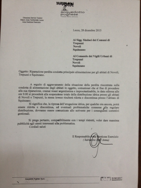 SOSPENSIONE SERVIZIO IDRICO AQP