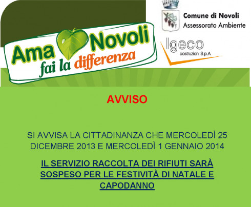FESTIVITA' NATALIZIE - CALENDARIO RACCOLTA RIFUTI