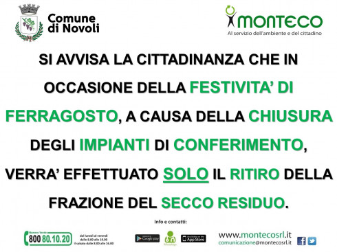FESTIVITA' DI FERRAGOSTO - SOSPENSIONE SERVIZIO RACCOLTA RIFIUTI ORGANICI