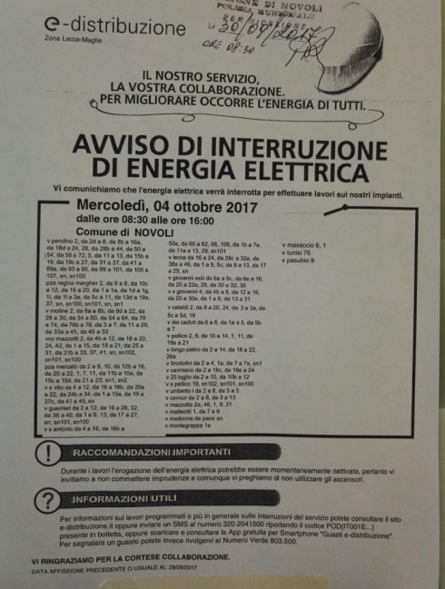 AVVISO INTERRUZIONE ENERGIA ELETTRICA