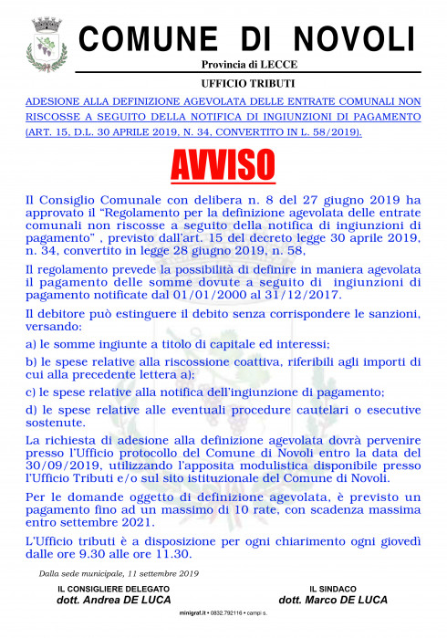 ADESIONE ALLA DEFINIZIONE AGEVOLATA DELLE ENTRATE COMUNALI NON RISCOSSE A SEG...
