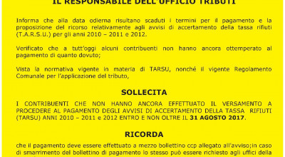 Accertamento TARSU anni 2010-2011 e 2012 sollecito pagamento
