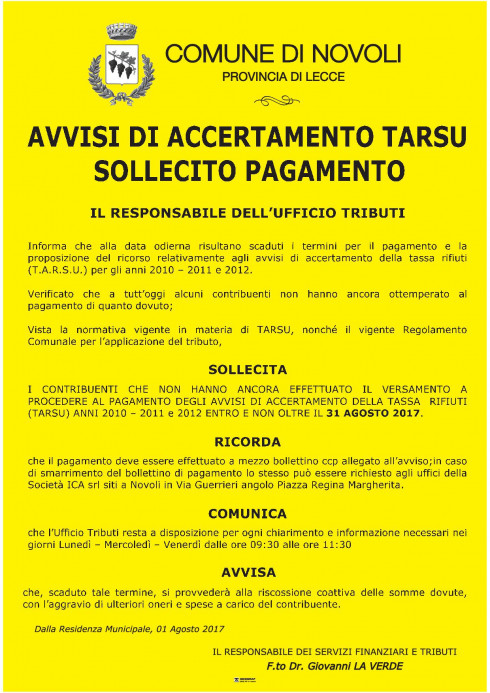 Accertamento TARSU anni 2010-2011 e 2012 sollecito pagamento