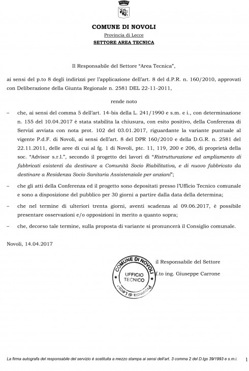 Conferenza di Servizi avviata con nota prot. 102 del 03.01.2017, riguardante ...