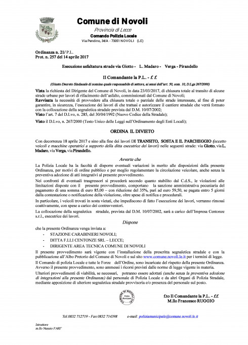 ORDINANZA N. 21 DEL 14 aprile 2017 - Esecuzione Lavori di rifacimento del man...