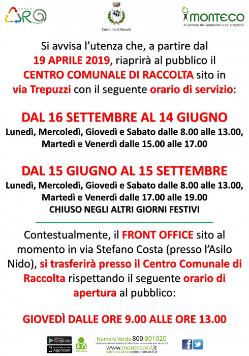 RIAPERTURA CENTRO COMUNALE DI RACCOLTA E TRASFERIMENTO FRONT OFFICE