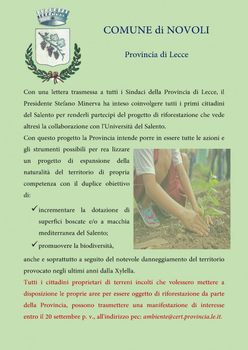 Riforestazione del Salento. Acquisizione disponibilit&agrave; aree di proprie...