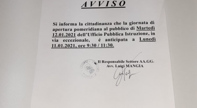 AVVISO APERTURA UFFICIO PUBBLICA ISTRUZIONE