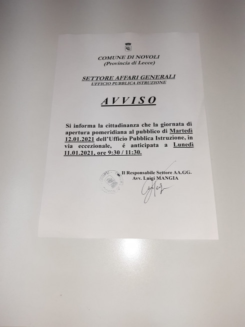 AVVISO APERTURA UFFICIO PUBBLICA ISTRUZIONE