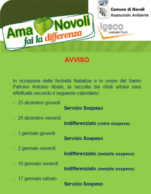 Calendario Raccolta Rifiuti - Festività Natalizie e Patronali