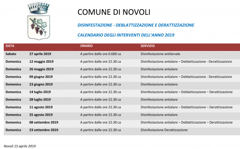 CALENDARIO DISINFESTAZIONE - DEBLATTIZZAZIONE E DERATTIZZAZIONE ANNO 2019