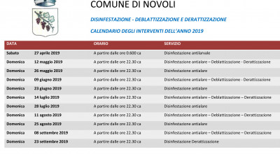 CALENDARIO DISINFESTAZIONE - DEBLATTIZZAZIONE E DERATTIZZAZIONE ANNO 2019