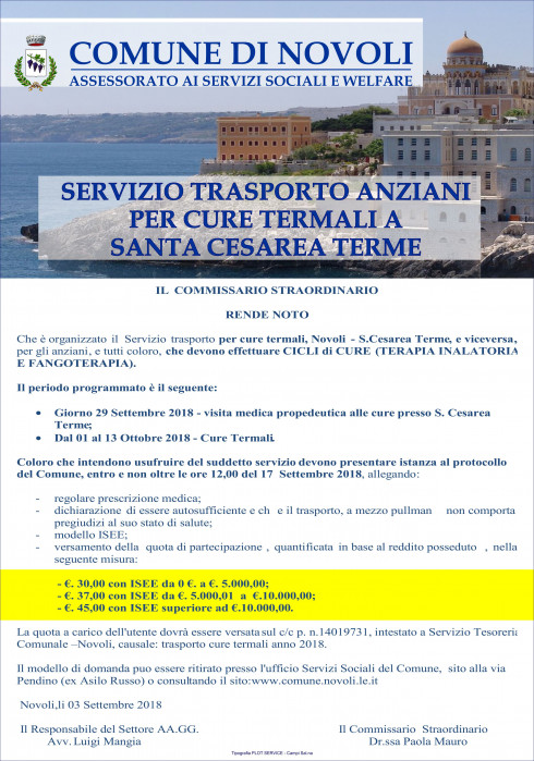 SERVIZIO TRASPORTO ANZIANI PER CURE TERMALI A SANTA CESAREA TERME - OTTOBRE 2018