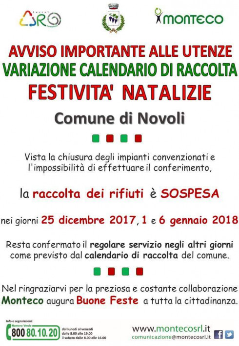 Calendario raccolta rifiuti - Festivit&agrave; Natalizie