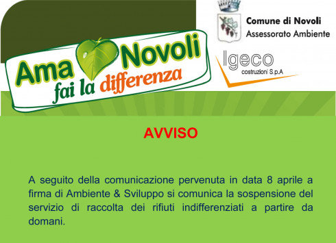 AVVISO - SOSPENSIONE DEL SERVIZIO DI RACCOLTA DEI RIFIUTI INDIFFERENZIATI