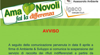 AVVISO - SOSPENSIONE DEL SERVIZIO DI RACCOLTA DEI RIFIUTI INDIFFERENZIATI
