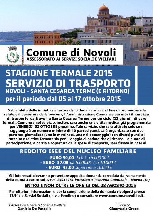 STAGIONE TERMALE 2015 - SERVIZIO DI TRASPORTO NOVOLI - SANTA CESAREA TERME E ...